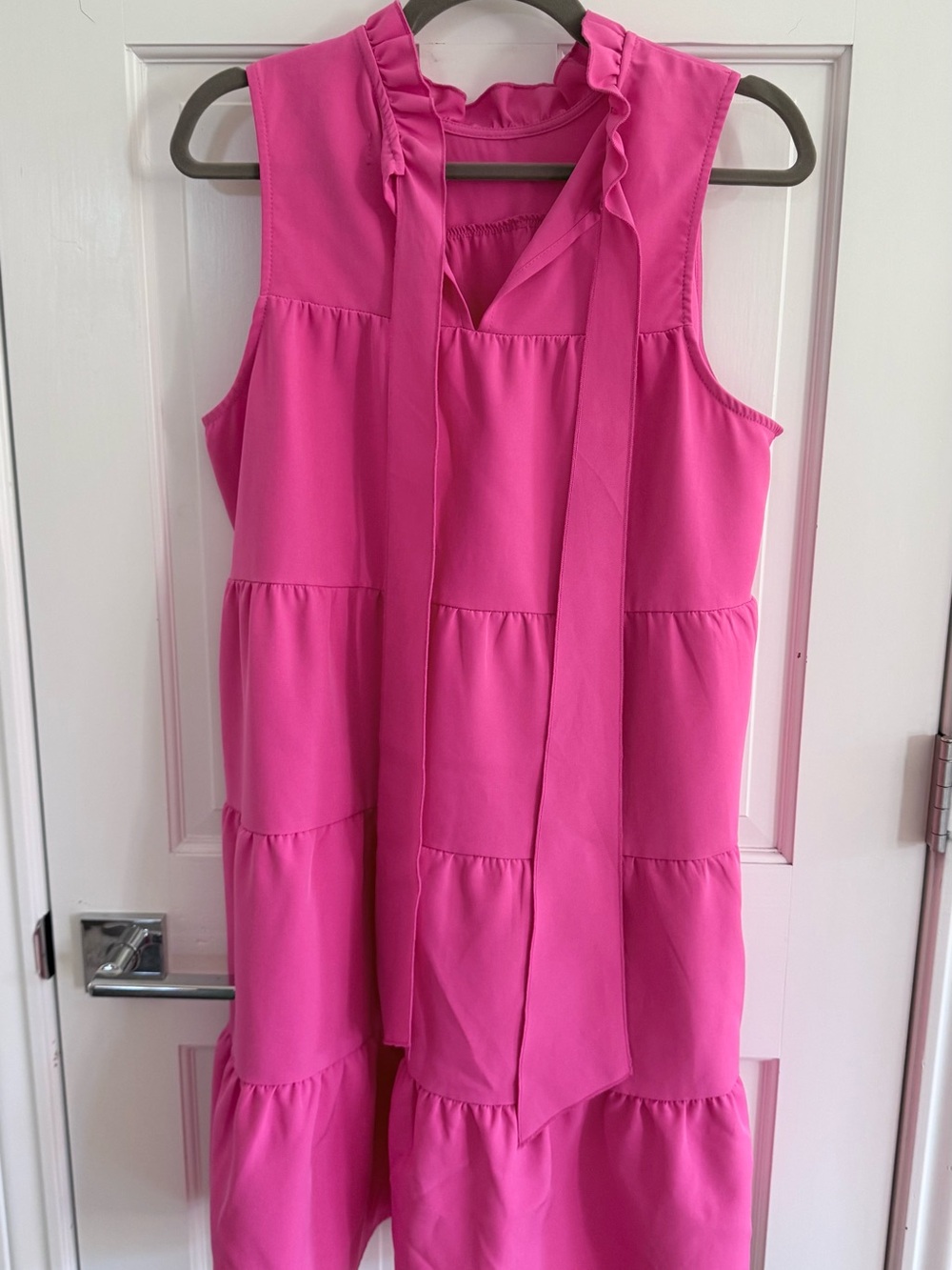 Mud Pie Hot Pink Tiered Midi Dress with Ruffle Tie Neck